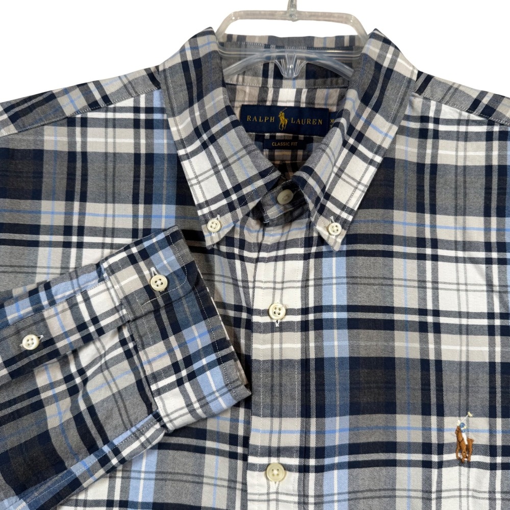 Ralph Lauren Button Down Shirt Mens XL Blue White Plaid Classic Fit Flesh Pony
